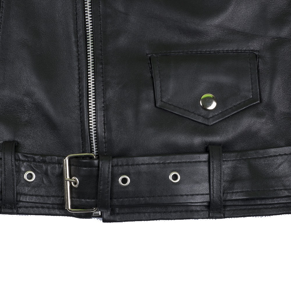 Men's Classic Asymmetric Black Genuine Leather Biker Jacket with Belt
