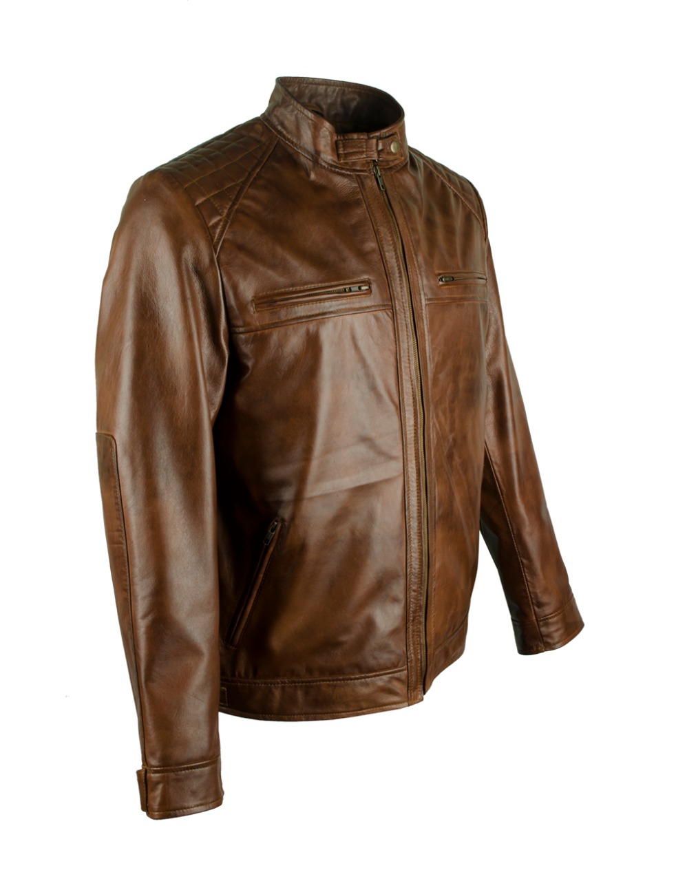 Men's Vintage Brown Distressed Leather Café Racer Jacket with Quilted Shoulders