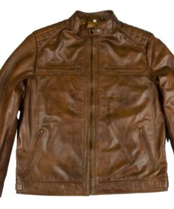 Men's Vintage Brown Distressed Leather Café Racer Jacket with Quilted Shoulders