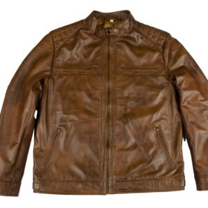 Men's Vintage Brown Distressed Leather Café Racer Jacket with Quilted Shoulders
