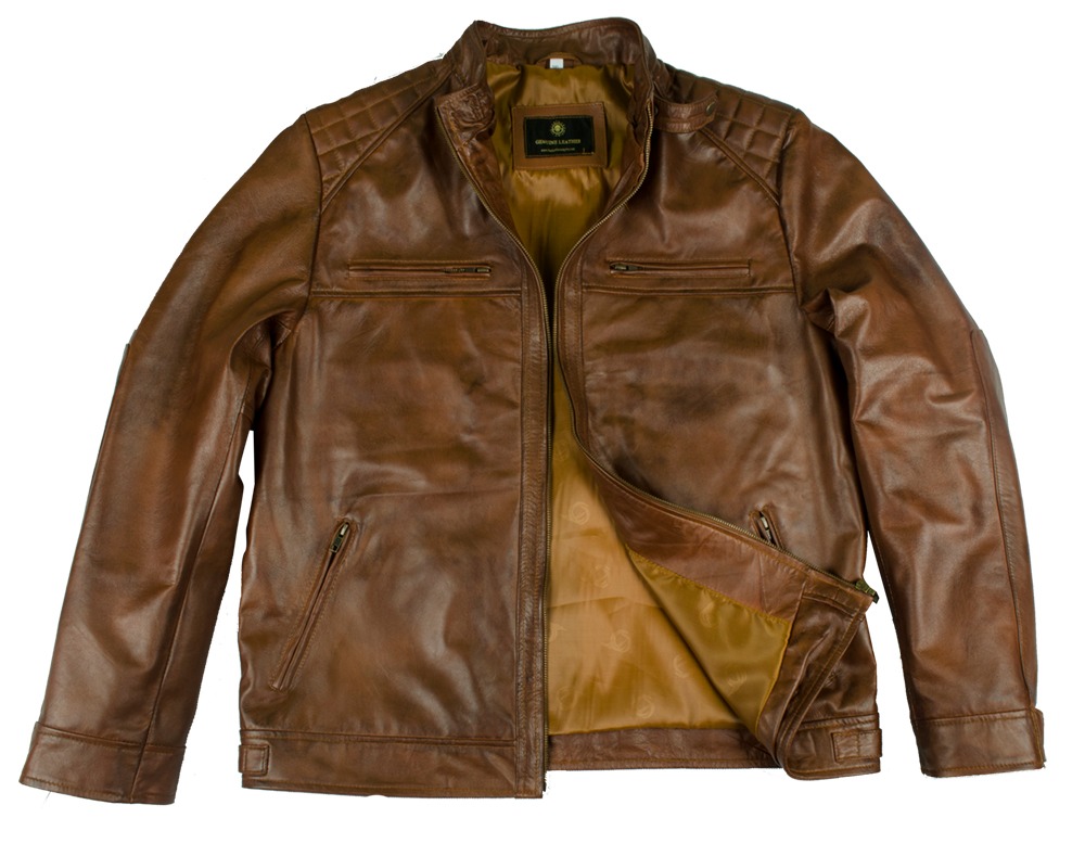 Men's Vintage Brown Distressed Leather Café Racer Jacket with Quilted Shoulders