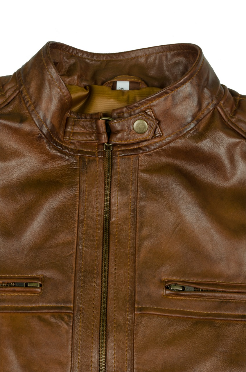 Men's Vintage Brown Distressed Leather Café Racer Jacket with Quilted Shoulders