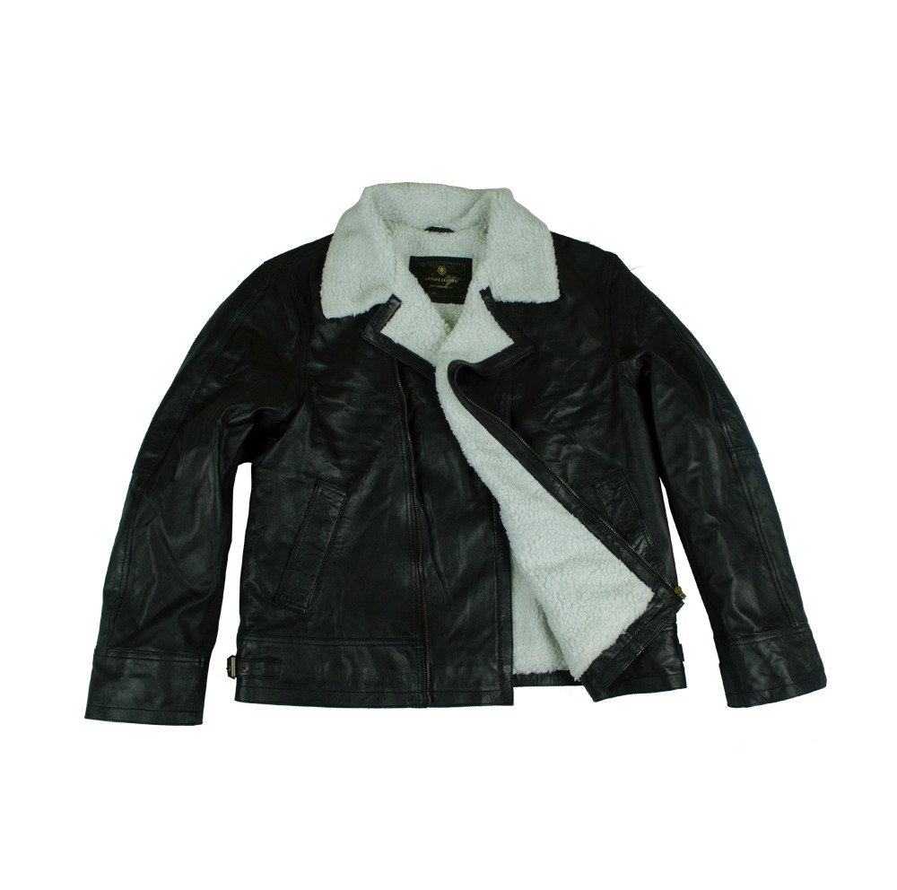 Men's Black Sheepskin Biker Jacket - White Shearling Lined Moto-Style Leather Coat