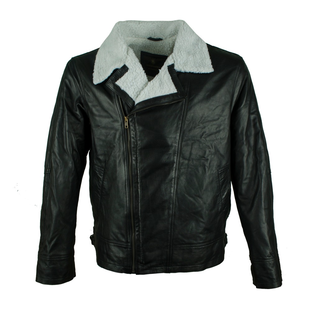 Men's Classic B3 Shearling Sheepskin Leather Bomber Jacket - Black