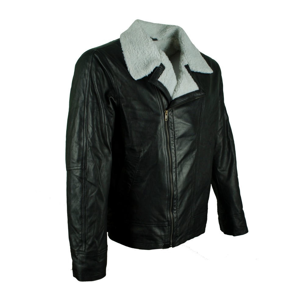 Men's Classic B3 Shearling Sheepskin Leather Bomber Jacket - Black