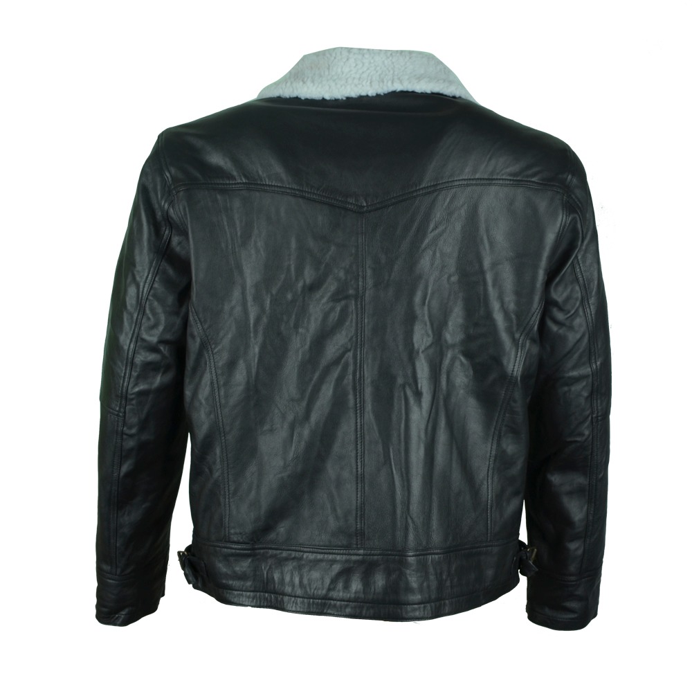 Men's Black Sheepskin Biker Jacket - White Shearling Lined Moto-Style Leather Coat