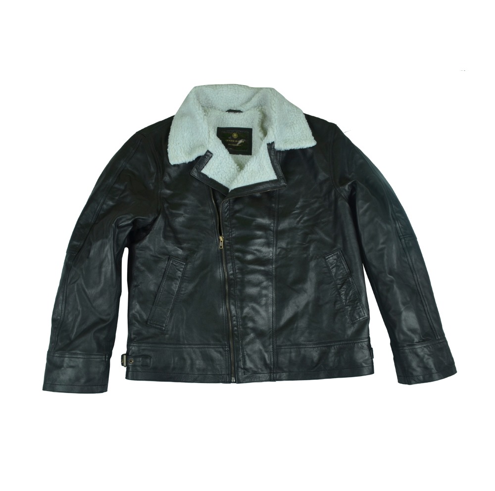 Men's Classic B3 Shearling Sheepskin Leather Bomber Jacket - Black