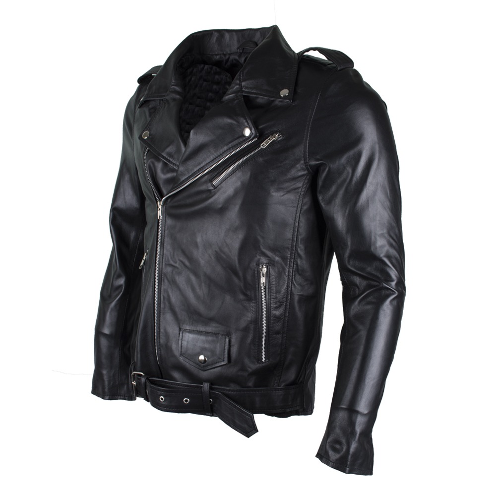 Men's Classic Asymmetric Black Genuine Leather Biker Jacket with Belt