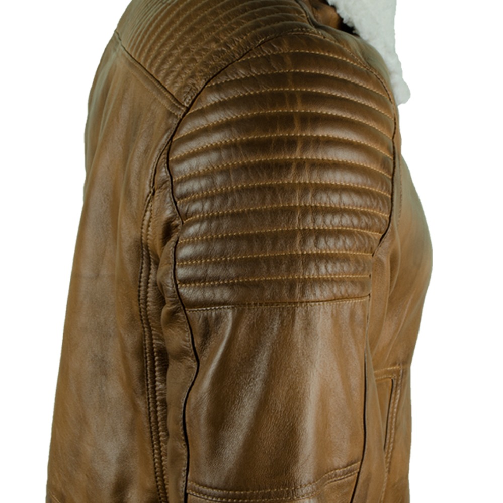 Men's Tan Leather Biker Jacket with Quilted Detailing and Detachable White Shearling Collar