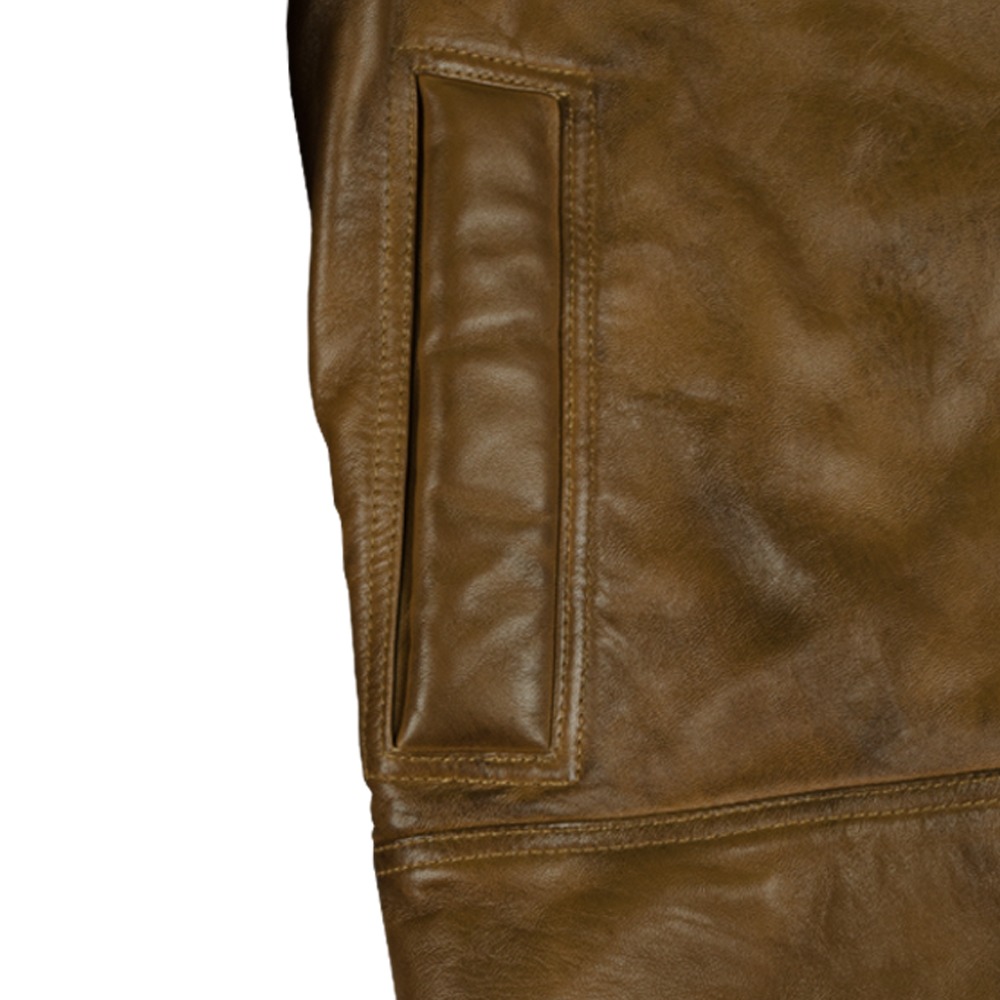 Men's Tan Leather Biker Jacket with Quilted Detailing and Detachable White Shearling Collar