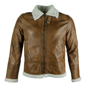 Men's Tan Leather Biker Jacket with Quilted Detailing and Detachable White Shearling Collar