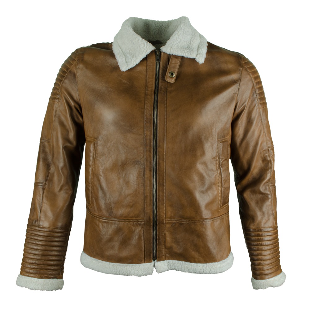 Men's Tan Leather Biker Jacket with Quilted Detailing and Detachable White Shearling Collar