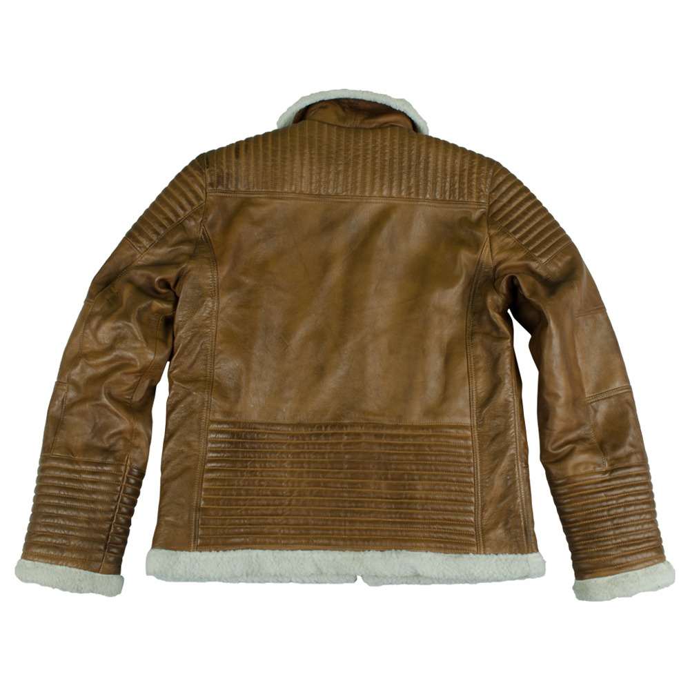 Men's Tan Leather Biker Jacket with Quilted Detailing and Detachable White Shearling Collar