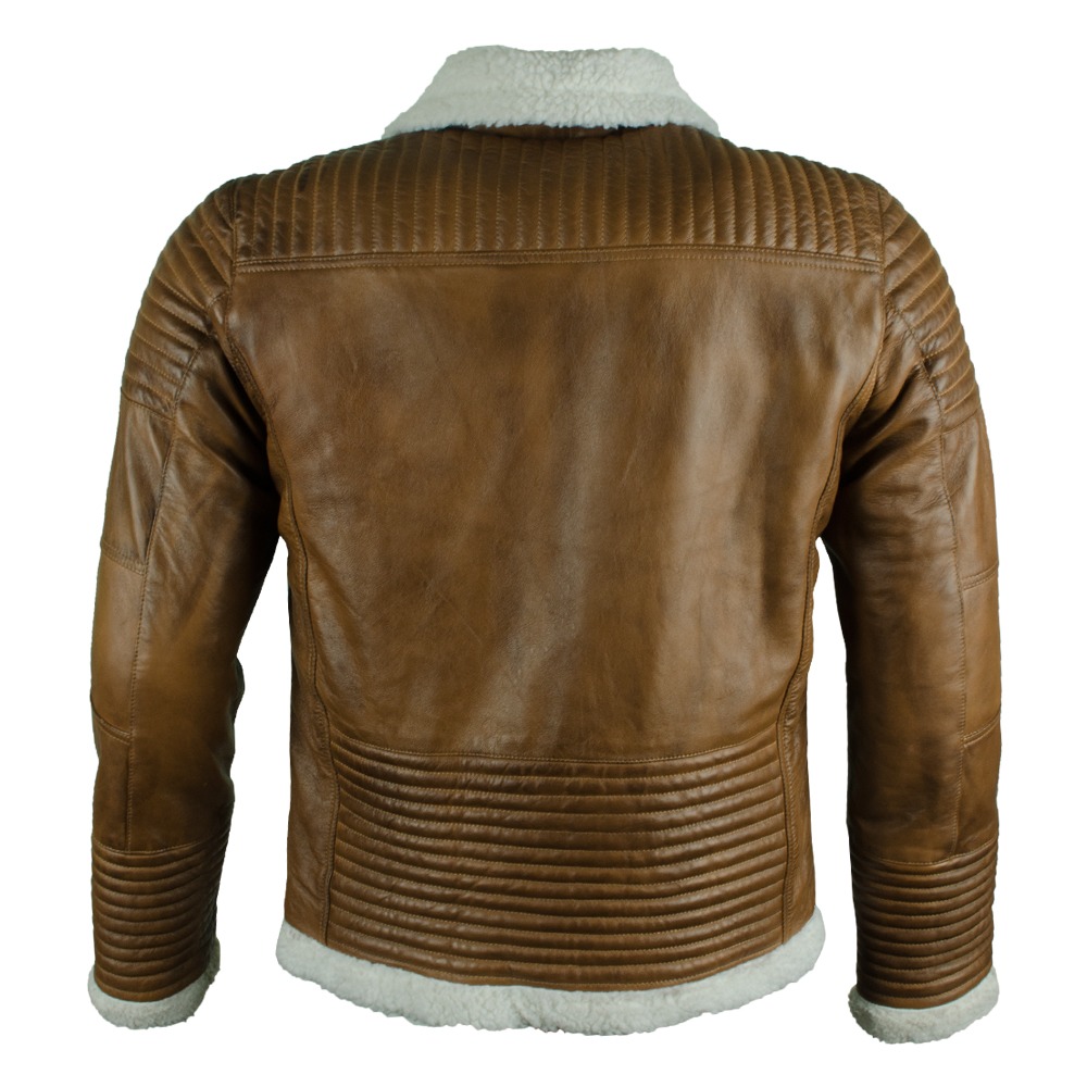 Men's Tan Leather Biker Jacket with Quilted Detailing and Detachable White Shearling Collar