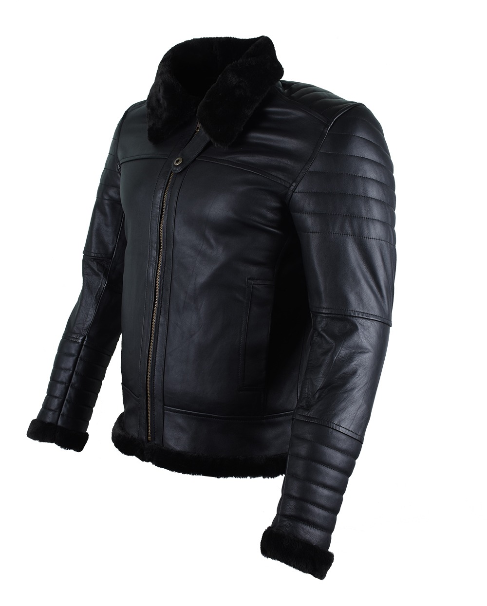 Men's Black Biker Style Shearling Sheepskin Leather Jacket with Quilted Detailing