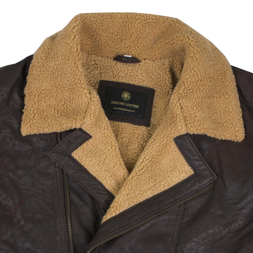 Men's Vintage Brown Shearling Lined Biker Jacket - Classic Pilot Style Sheepskin Leather