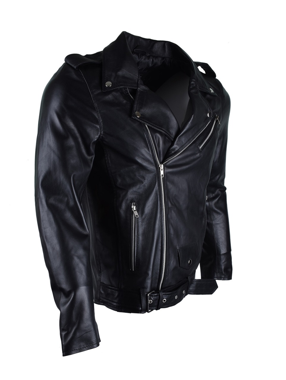 Men's Classic Asymmetric Black Genuine Leather Biker Jacket with Belt