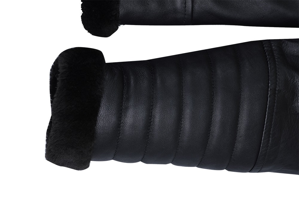 Men's Black Biker Style Shearling Sheepskin Leather Jacket with Quilted Detailing