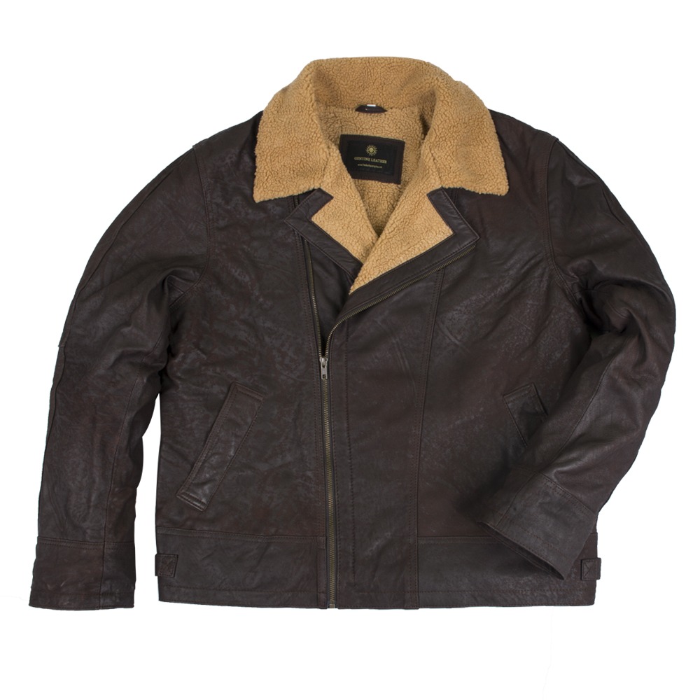 Men's Vintage Brown Shearling Lined Biker Jacket - Classic Pilot Style Sheepskin Leather