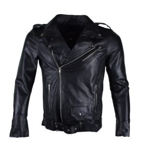 Men's Classic Asymmetric Black Genuine Leather Biker Jacket with Belt