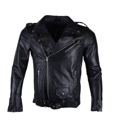 Men's Classic Asymmetric Black Genuine Leather Biker Jacket with Belt