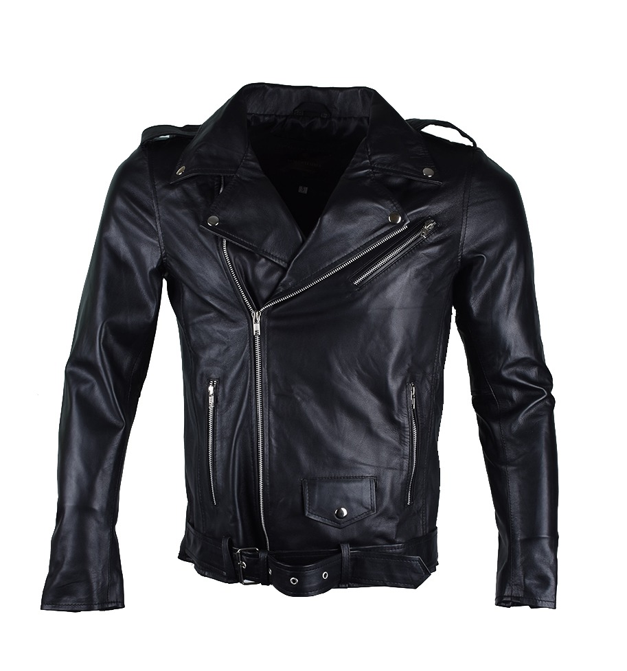 Men's Classic Asymmetric Black Genuine Leather Biker Jacket with Belt