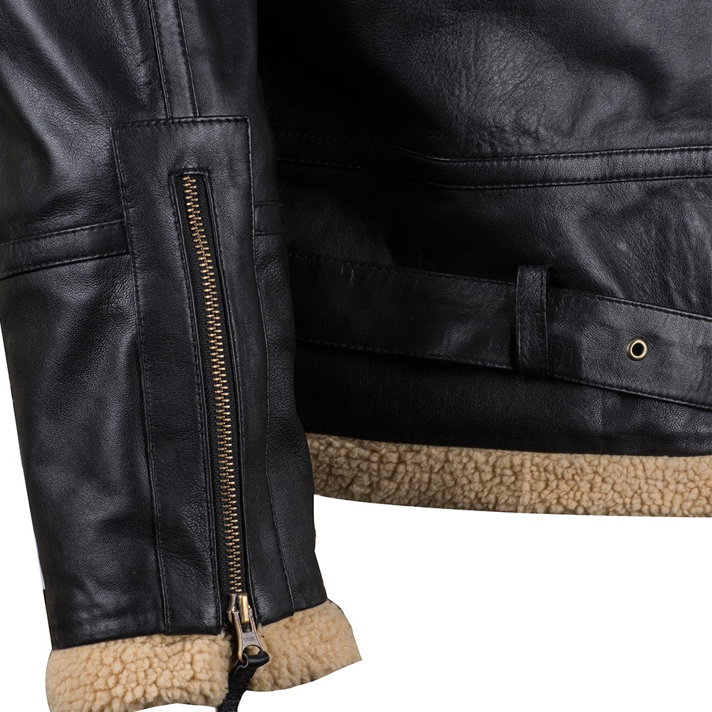 Men's Vintage Black Leather Flight Jacket with Tan Shearling Collar and Waist Belt