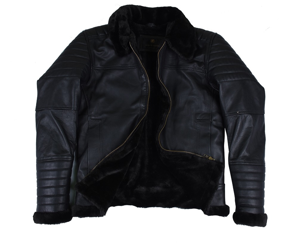 Men's Black Biker Style Shearling Sheepskin Leather Jacket with Quilted Detailing