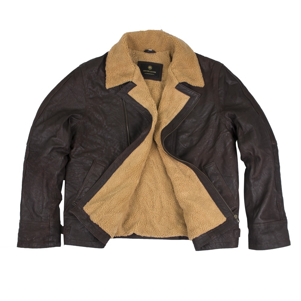 Men's Vintage Brown Shearling Lined Biker Jacket - Classic Pilot Style Sheepskin Leather
