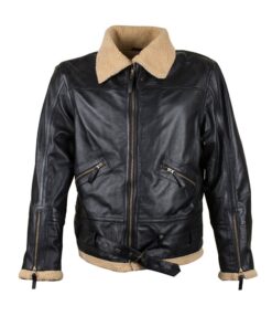 Men's Vintage Black Leather Flight Jacket with Tan Shearling Collar and Waist Belt