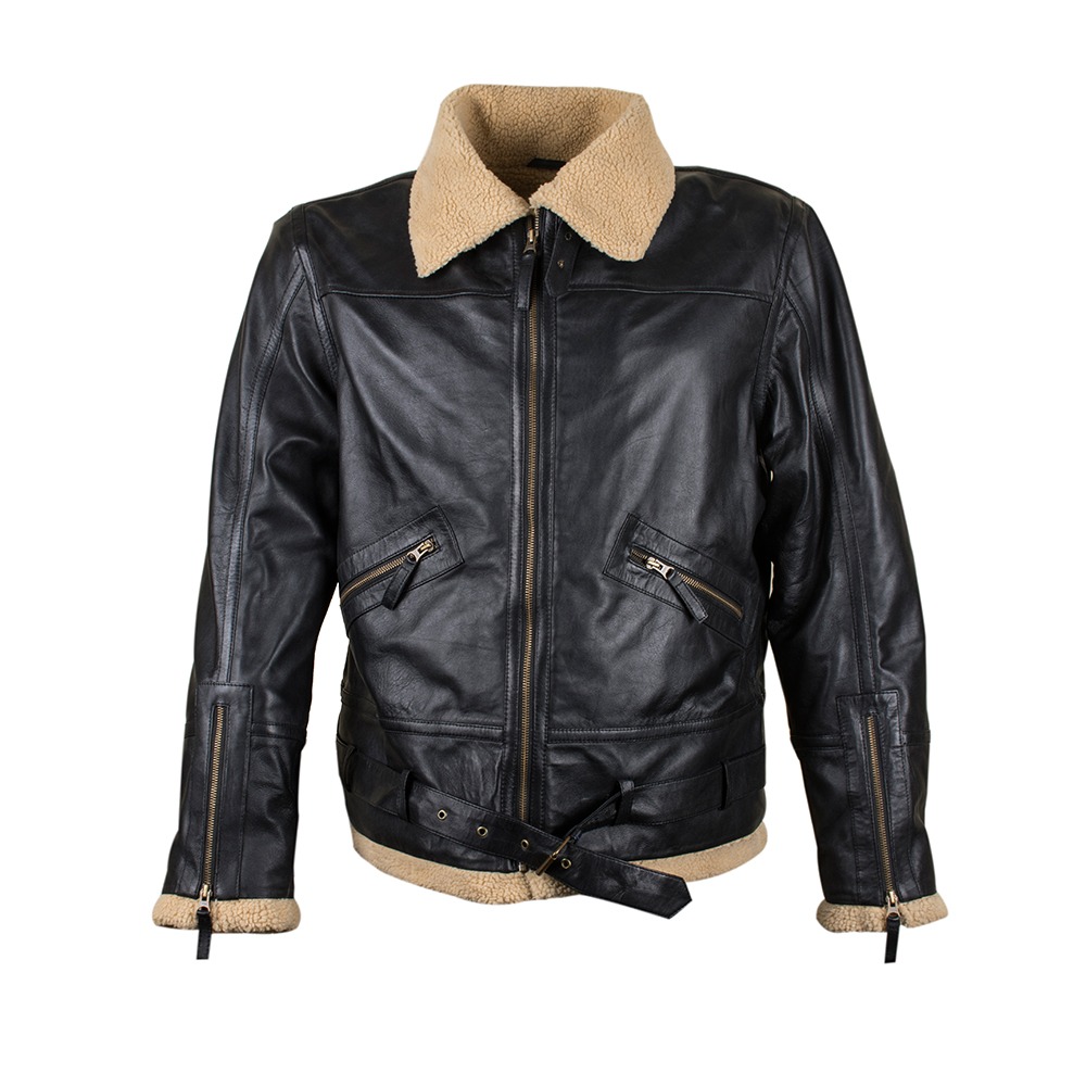 Men's Vintage Black Leather Flight Jacket with Tan Shearling Collar and Waist Belt