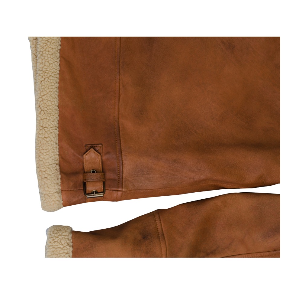 Men's Classic Tan Leather Aviator Jacket with Contrast Shearling Collar and Trim