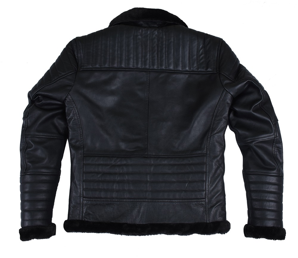 Men's Black Biker Style Shearling Sheepskin Leather Jacket with Quilted Detailing