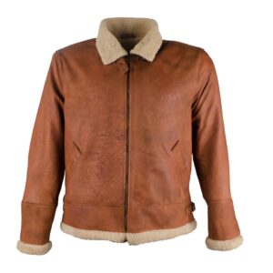 Men's Classic Tan Leather Aviator Jacket with Contrast Shearling Collar and Trim