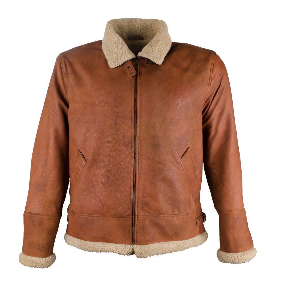 Men's Classic Tan Leather Aviator Jacket with Contrast Shearling Collar and Trim
