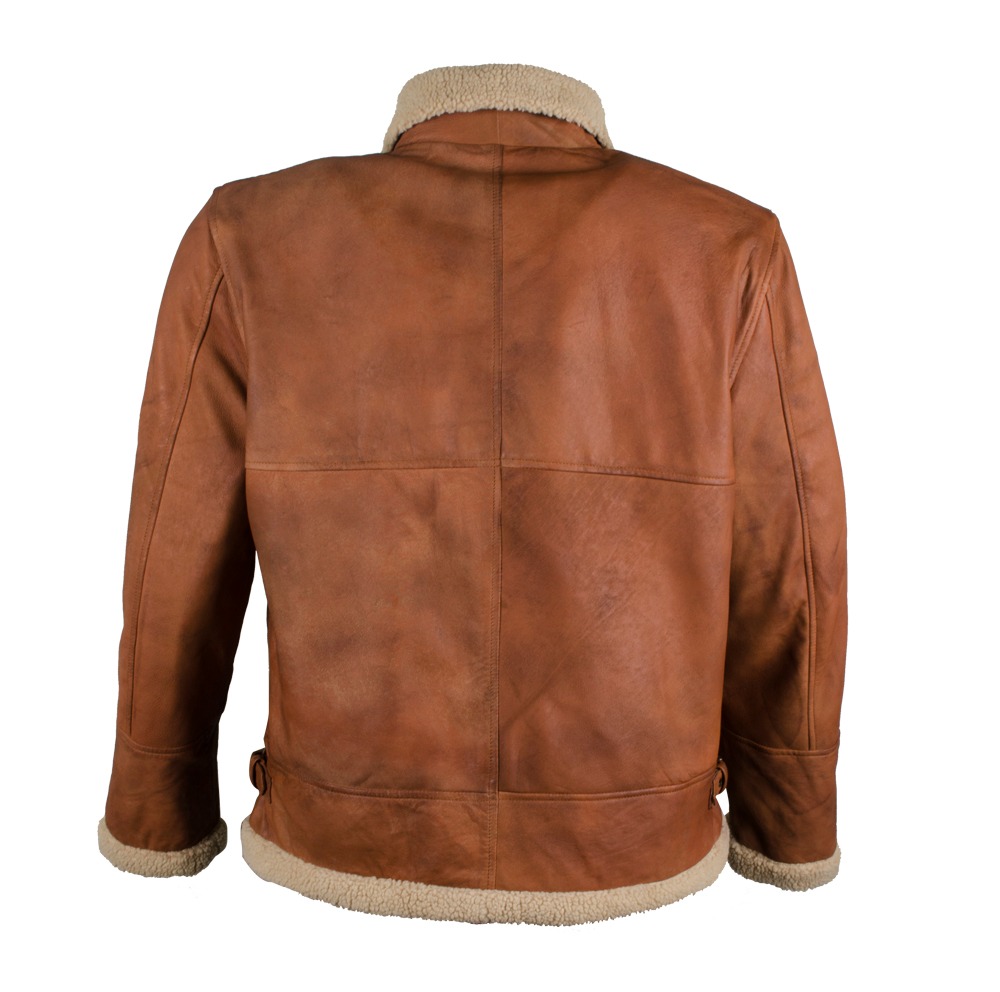 Men's Classic Tan Leather Aviator Jacket with Contrast Shearling Collar and Trim