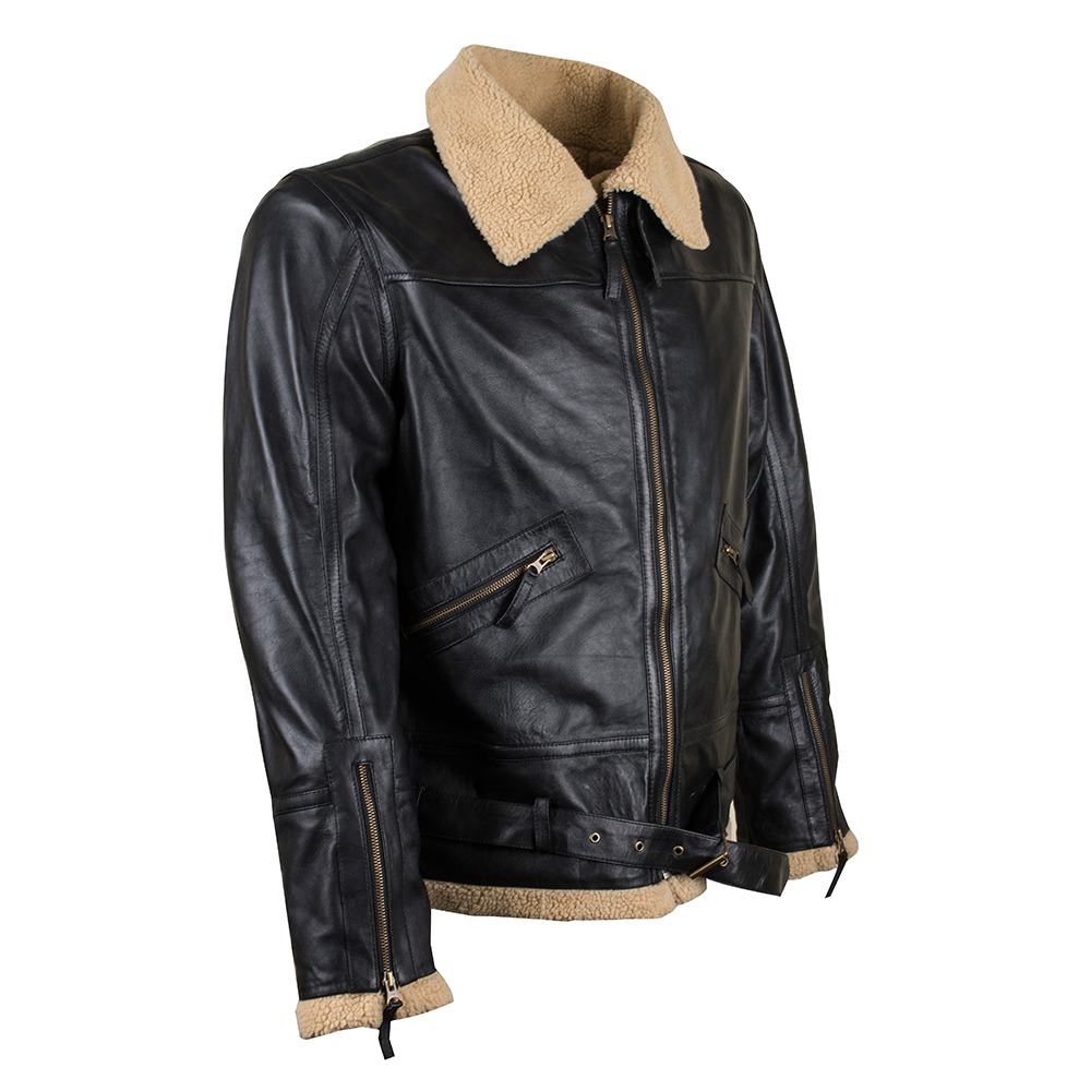 Men's Vintage Black Leather Flight Jacket with Tan Shearling Collar and Waist Belt