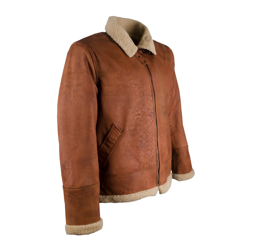 Men's Classic Tan Leather Aviator Jacket with Contrast Shearling Collar and Trim