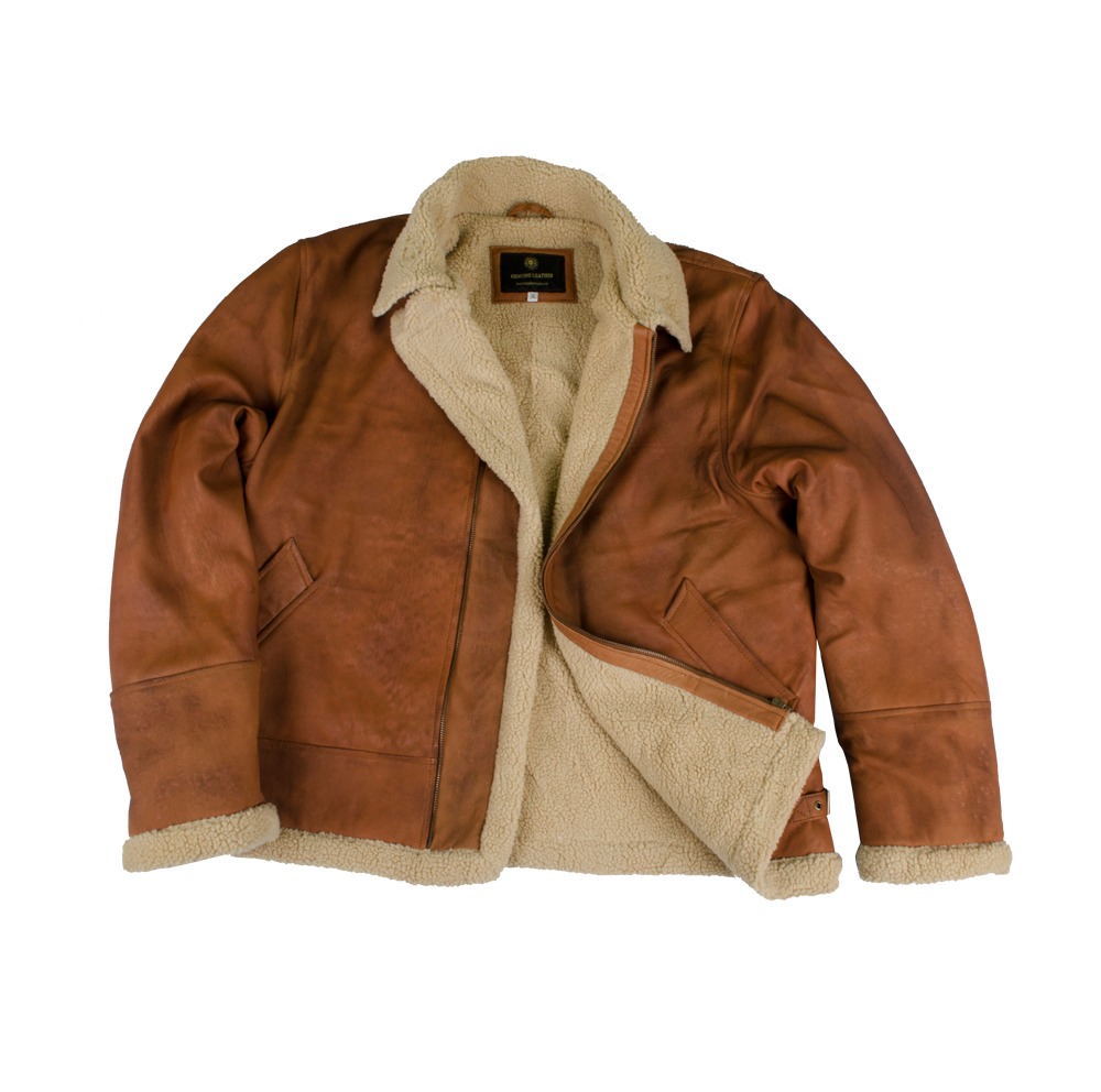 Men's Classic Tan Leather Aviator Jacket with Contrast Shearling Collar and Trim