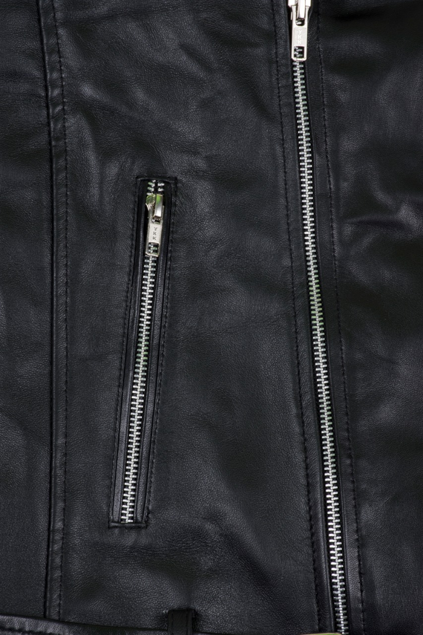 Men's Classic Asymmetric Black Genuine Leather Biker Jacket with Belt