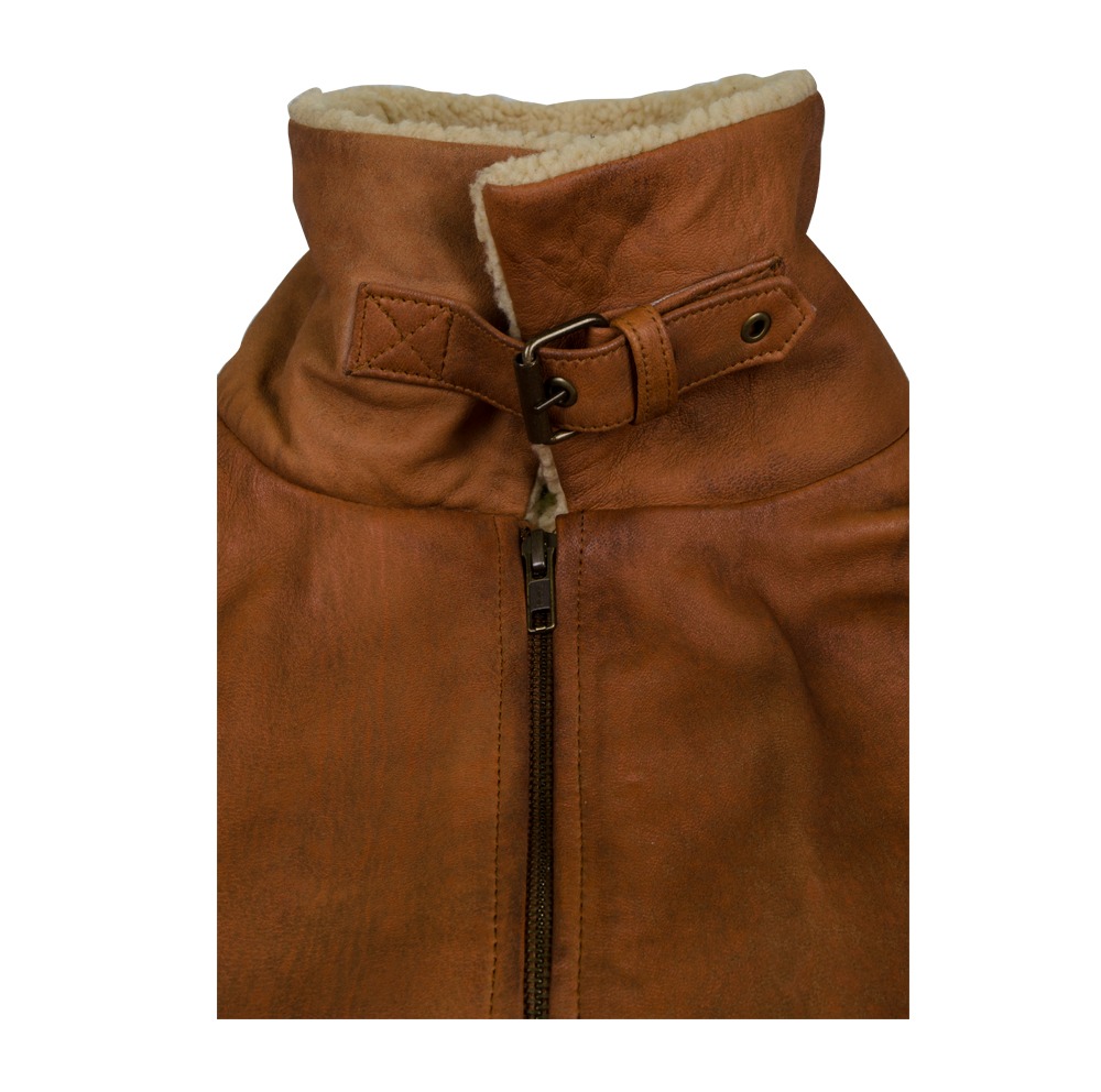 Men's Classic Tan Leather Aviator Jacket with Contrast Shearling Collar and Trim