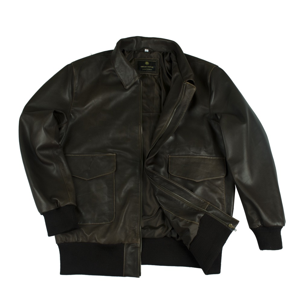 Men's Classic Dark Brown A-2 Leather Bomber Flight Jacket