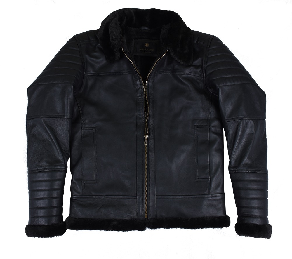 Men's Black Biker Style Shearling Sheepskin Leather Jacket with Quilted Detailing