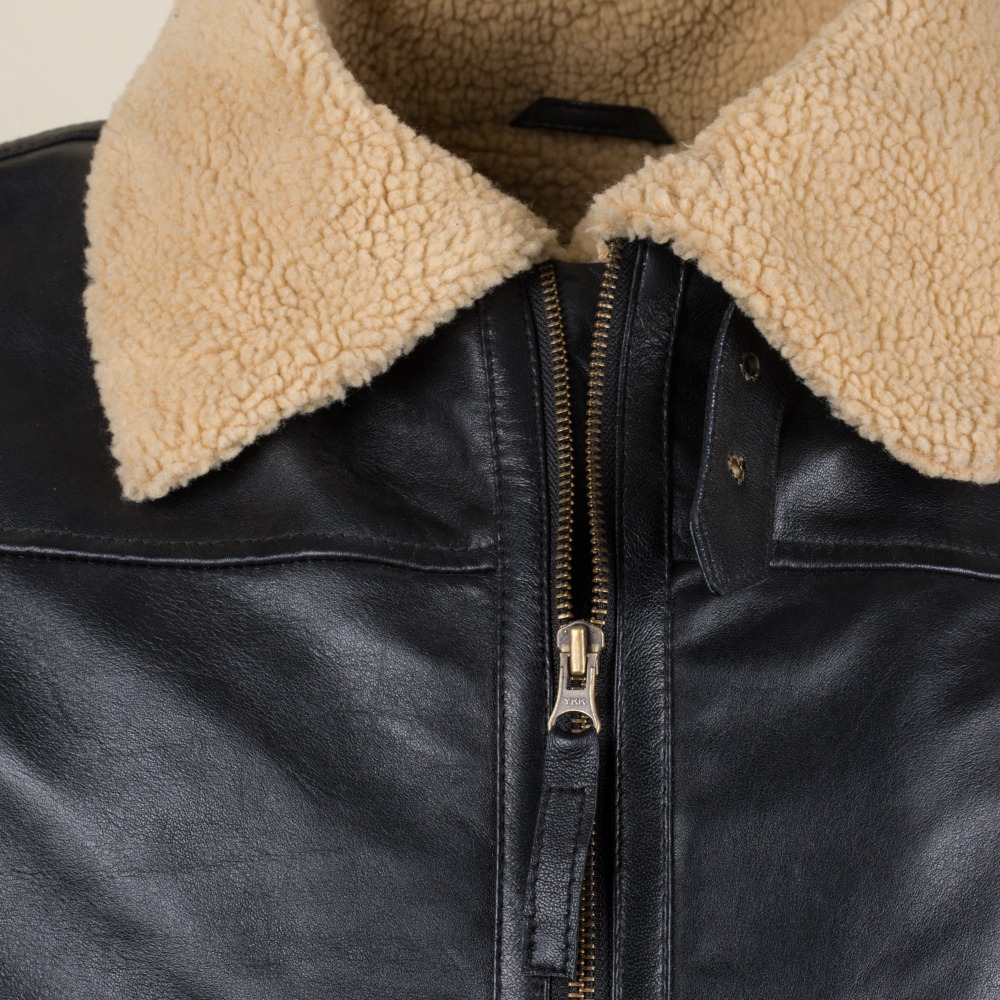 Men's Vintage Black Leather Flight Jacket with Tan Shearling Collar and Waist Belt