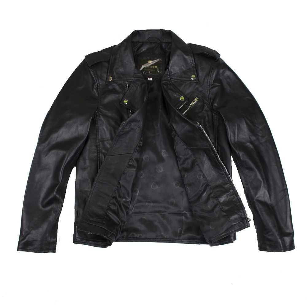 Men's Classic Asymmetric Black Genuine Leather Biker Jacket with Belt