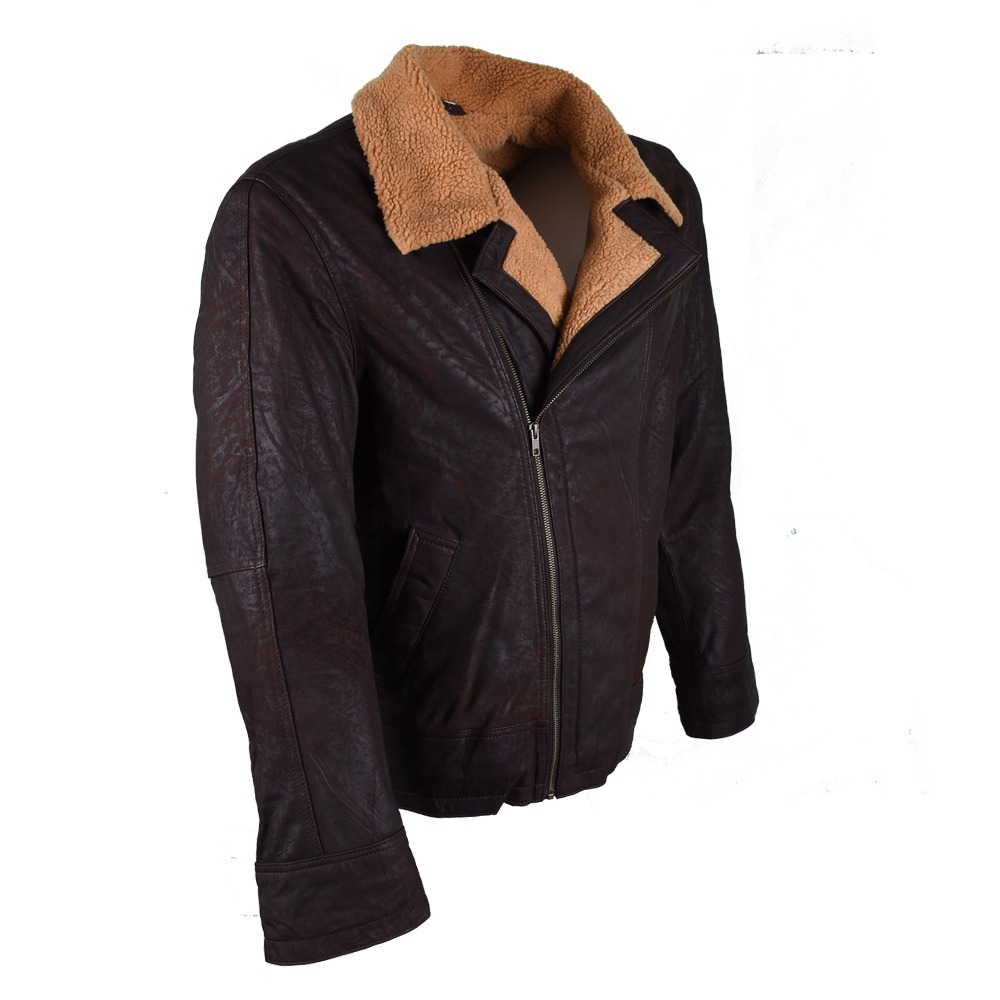 Men's Vintage Brown Shearling Lined Biker Jacket - Classic Pilot Style Sheepskin Leather