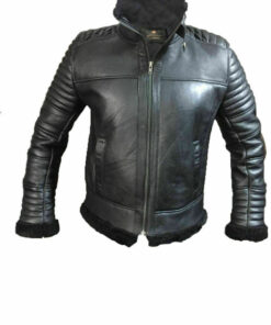 Men's Black Biker Style Shearling Sheepskin Leather Jacket with Quilted Detailing