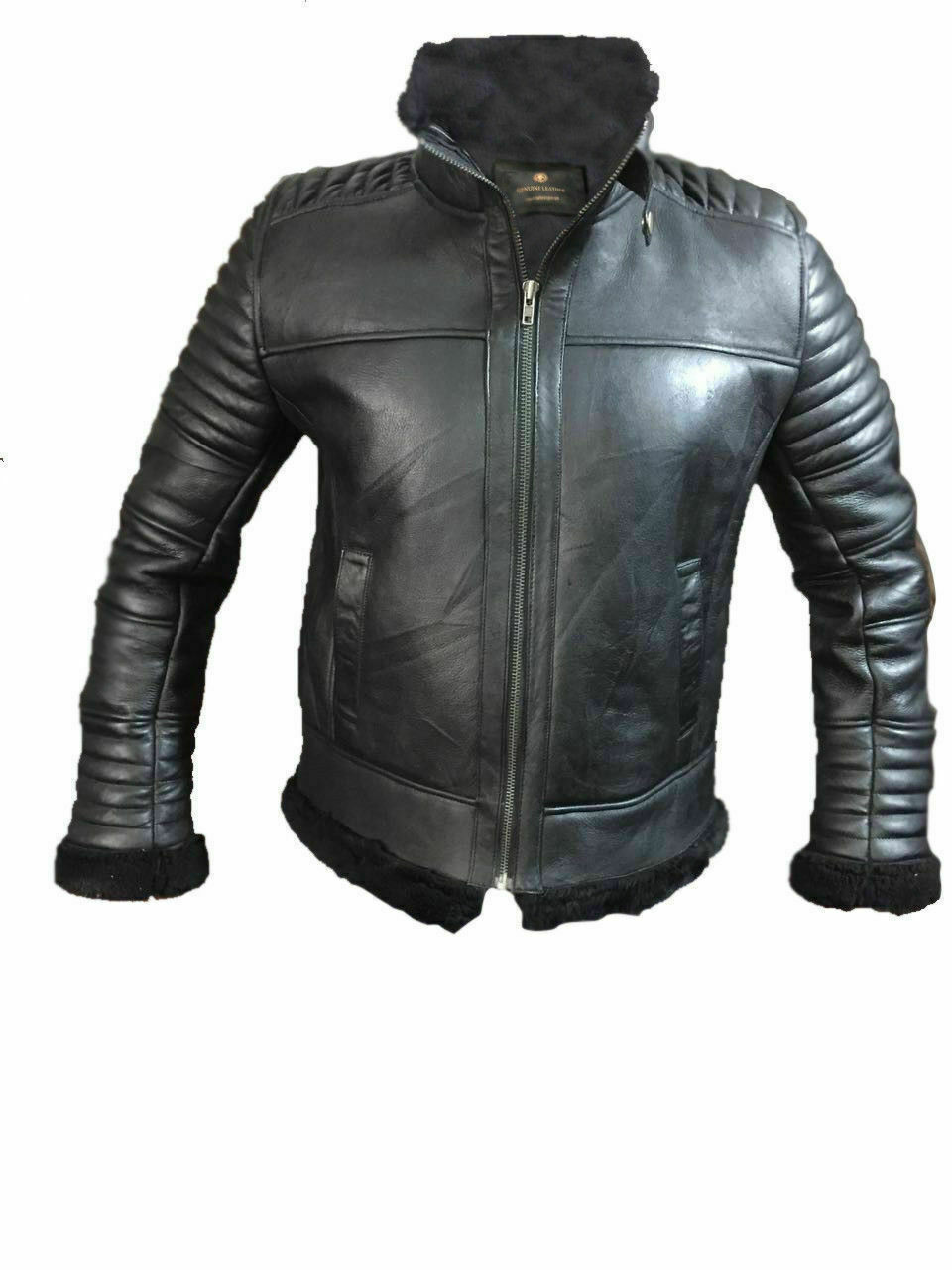 Men's Black Biker Style Shearling Sheepskin Leather Jacket with Quilted Detailing