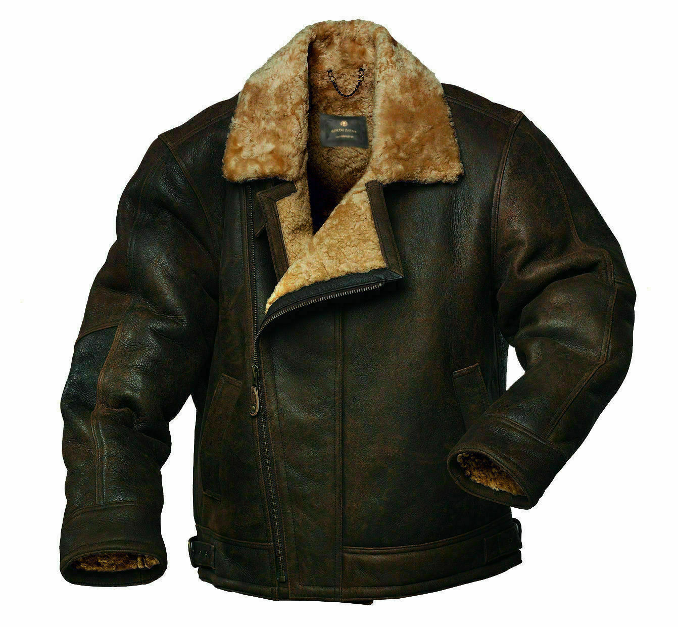 Men's Vintage Brown Shearling Lined Biker Jacket - Classic Pilot Style Sheepskin Leather
