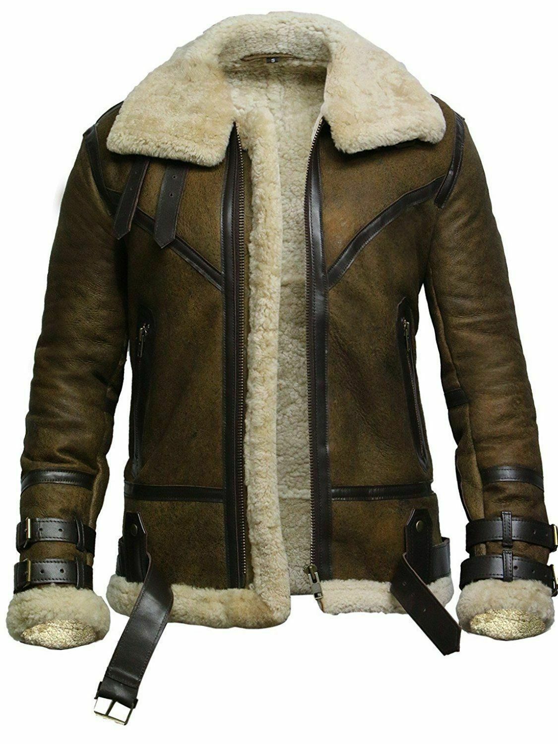 Classic Men's B-3 Aviator Shearling Sheepskin Bomber Jacket - Brown Leather & Fur